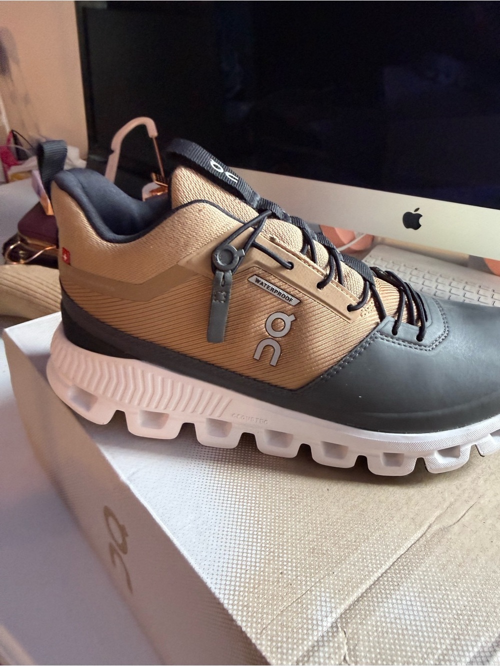 On Running Men's Athletic Shoe in Tan and Black - Picture 11 of 12